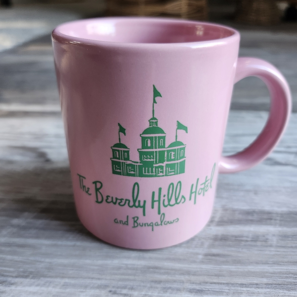 Beverly Hills Hotel Pink Green Ceramic Mug Palm Leaf Souvenir Collectible